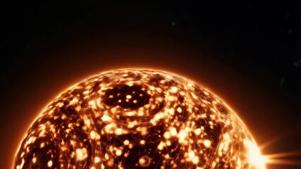 Wall Mural - Fiery exoplanet in deep space displaying turbulent surface activity and intense energy release.