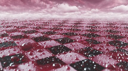 Fototapete - Crimson chessboard surface covered in water droplets.