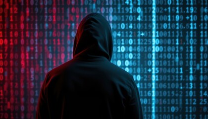 cybersecurity threats hacker analyzing binary code digital environment dark background technology co