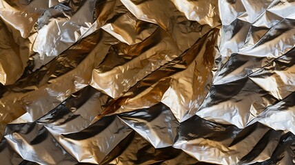Poster - Abstract shimmering background showing geometric folds of golden and silver metallic fabric.