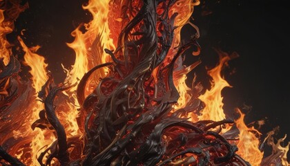 Fototapete - Intense red and gold flames against pure black, showing intricate details ,  close up,  visual
