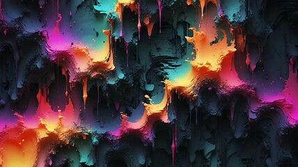 Poster - Abstract vibrant liquid paint splashes with vivid hues and dark textured background creating depth.