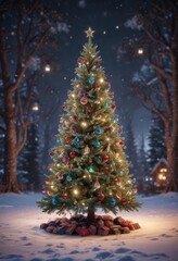 Fototapete - Sparkling Christmas tree, colorful ornaments, twinkling lights, winter wonderland ,  joyful,  glow,  red