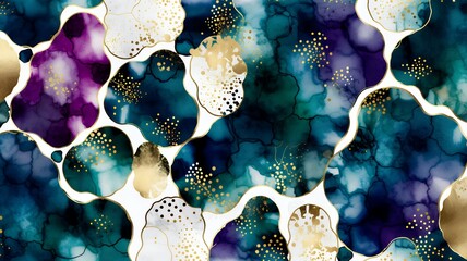 Poster - Abstract watercolor shapes in blue, purple, and gold create a modern, fluid background design.