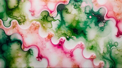 Poster - Abstract liquid fluid art features translucent green and pink inks with fluid movement design style.