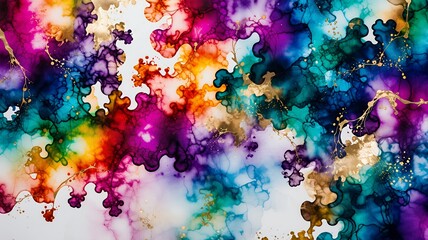 Poster - Vibrant abstract art showcases colorful ink and gold accents creating fluid, organic puzzle shapes.