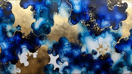 Poster - Abstract artwork featuring fluid shapes in shades of blue and shimmering gold accents; modern design
