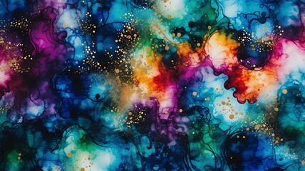 Poster - Abstract fluid art featuring vibrant watercolor hues and shimmering gold particles on a canvas.