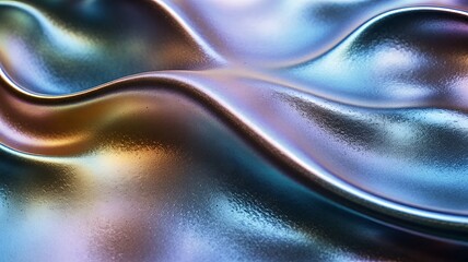 Poster - Abstract metallic texture with wavy, fluid-like appearance and iridescence reflecting vivid colors.