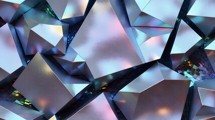 Poster - An abstract design of metallic geometrical shapes with iridescent coloring and dramatic lighting.