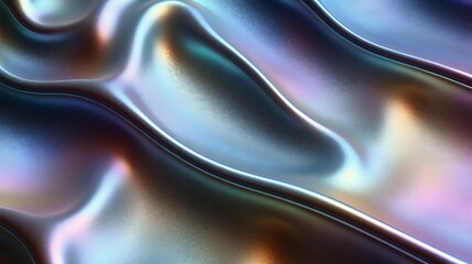 Poster - Abstract fluid forms with iridescent reflections and flowing metallic texture; smooth, cool tones.