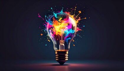 Poster - A colorful light bulb with vibrant splashes of paint symbolizes creativity and inspiration