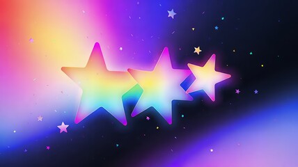 Poster - Three glowing star shapes with rainbow hues float in a dreamy cosmic scene, with confetti sprinkles.