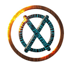 Aufkleber - Futuristic symbol features crossed bars with luminous blue lines inside a wooden circle glowing with warm light.