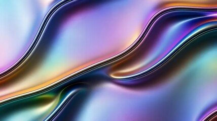 Poster - Iridescent fluid forms subtle curves with a metallic sheen and vibrant, shifting rainbow coloration.