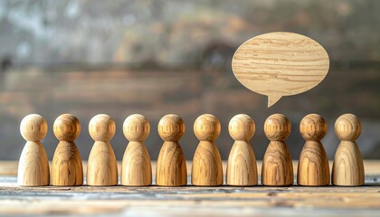 Poster - Wooden figurines lined up with a speech bubble, symbolizing communication and interaction, set against a blurred background