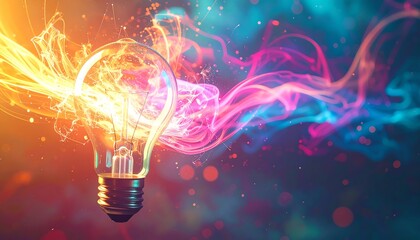 Poster - A glowing light bulb surrounded by colorful, swirling smoke creates a vibrant and dynamic visual effect