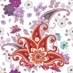 Wall Mural - Beautiful seamless pattern with flowers and paisley. Fantasy floral ornament
