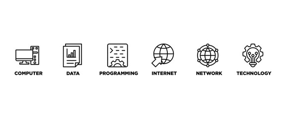 Poster - Information technology banner web icon set vector illustration concept with icon of computer, data, programming, database, internet, network, and technology icons symbol background