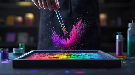 Poster - Hand holding paintbrush creates vibrant splashes of colorful powder on canvas, showcasing artistic creativity in studio setting. scene is dynamic and expressive