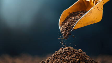 Poster - Yellow excavator bucket is pouring soil onto pile, symbolizing construction and earthmoving activities. dark background highlights rich texture of soil, emphasizing machinery role land development