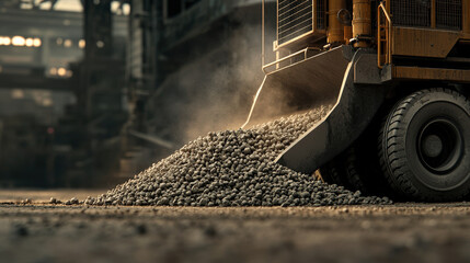 Poster - Close up of construction vehicle unloading gravel in industrial setting, with dust rising in sunlight. scene captures rugged texture and dynamic motion of materials