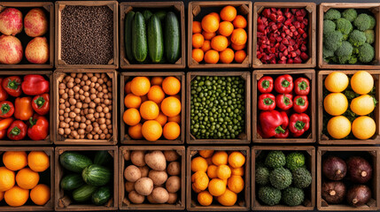 Aufkleber - Variety of fresh organic produce including apples, cucumbers, oranges, and peppers are neatly arranged in wooden crates, ready for shipment. vibrant colors create lively display