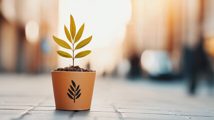 Aufkleber - Small plant in pot with leaf design sits on sunlit pavement, symbolizing growth and sustainability. blurred background suggests urban setting, highlighting contrast
