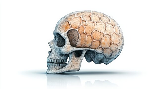 a stylized human skull rendered in black and white, with intricate detail and shading, set against a clean white background with a subtle shadow cast on the ground below.
