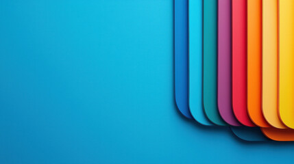 Poster - Colorful overlapping curved layers create vibrant abstract design against blue background, showcasing spectrum of rainbow colors. composition is modern and dynamic