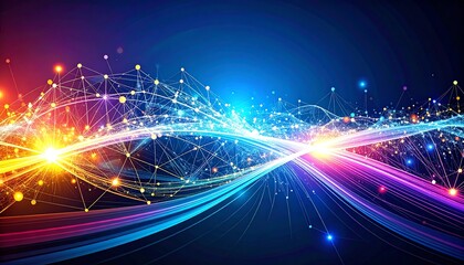 Poster - A vibrant digital abstract with colorful lights and interconnected lines, representing data flow and technology