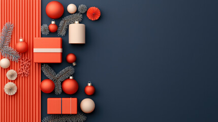 Aufkleber - Festive arrangement of red and beige Christmas decorations, including baubles, gifts, and pine branches, on dark blue background. composition evokes joyful holiday spirit