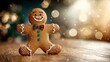 © Koh's Smart - a joyful gingerbread figure with a smiling face and buttons, adorned with a festive bowtie, happily dances on the wooden kitchen table, lost in the cheerful rhythm of the holiday season.