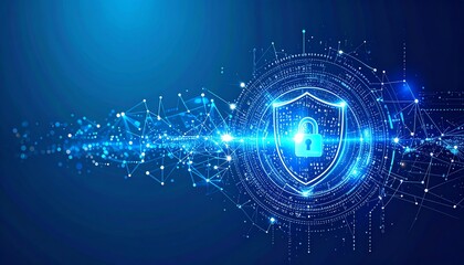 Poster - a digital shield symbolizing cybersecurity, surrounded by interconnected data points and a blue glow