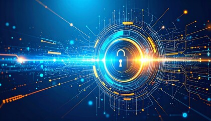 Poster - A digital lock symbol surrounded by vibrant lines and circles, representing cybersecurity and data protection in a tech-driven environment