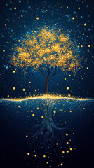 Poster - A tree is shown in the water with its roots visible. The image has a dreamy, ethereal quality to it, with the tree appearing to be floating on the water. The use of light and dark colors