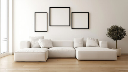 Aufkleber - Contemporary living room features minimalist white sofa, framed wall art, and potted plant on wooden flooring, creating serene and stylish atmosphere