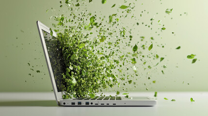 Poster - Laptop screen bursts with vibrant green leaves, symbolizing nature and technology fusion. dynamic scene captures essence of eco friendly innovation