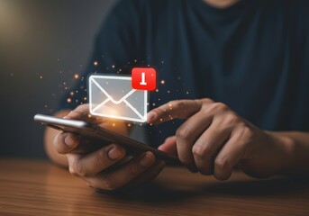 Leinwandbilder - Man Checking Email on Smartphone New Message Notification, Digital Communication, Email Icon, Online Messaging.