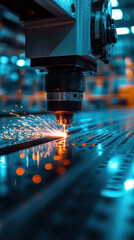 Poster - A machine is cutting through a piece of metal. The sparks from the cutting process create a blue and orange glow. Concept of industrial activity and the power of technology