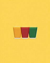 Poster - Three cups of different colors are shown on a yellow background. The cups are arranged in a row, with the green cup in the middle and the red and yellow cups on either side