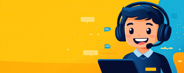 Poster - A man wearing a headset is smiling and holding a laptop. The image is a cartoon of a man in a headset, with a smile on his face
