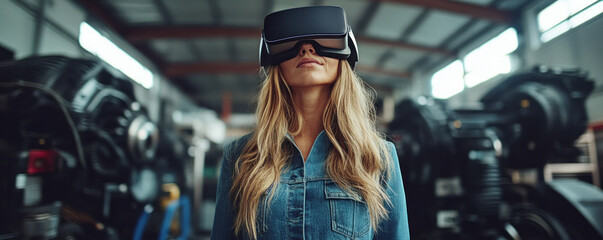 Poster - A woman wearing a virtual reality headset stands in front of a large industrial building. Concept of technology and innovation