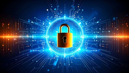 Poster - a glowing digital padlock symbolizes cybersecurity and data protection in a vibrant, tech-inspired b