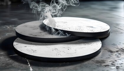 Poster - Steam rising from concrete discs in industrial setting abstract art calm environment bird's eye view contemporary concept