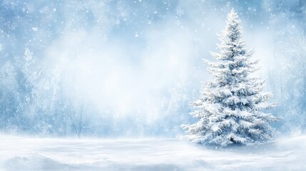 Wall Mural - Snow-covered tree in foreground with dense snowy forest background under soft daylight.