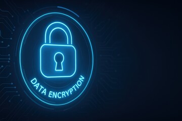 Poster - Data Encryption Concept with Digital Lock Icon and Circuit Background in Blue Light Effect