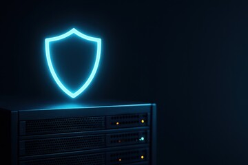 Poster - Neon Shield Symbol Illuminating Server Rack in Dark Environment Representing Cybersecurity Concept