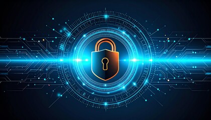 Poster - a digital lock symbol surrounded by glowing lines and circuits, representing cybersecurity and data 