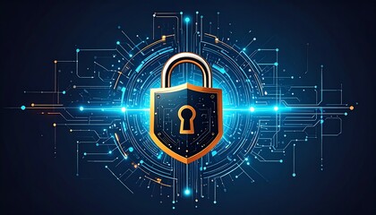 Poster - a digital padlock surrounded by glowing circuits symbolizes cybersecurity and data protection in a m